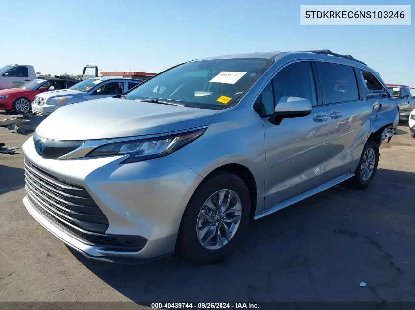 2022 Toyota Sienna Le VIN: 5TDKRKEC6NS103246 Lot: 40439744