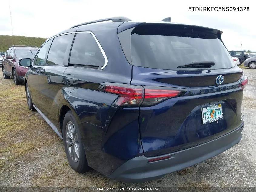 2022 Toyota Sienna Le VIN: 5TDKRKEC5NS094328 Lot: 40511556