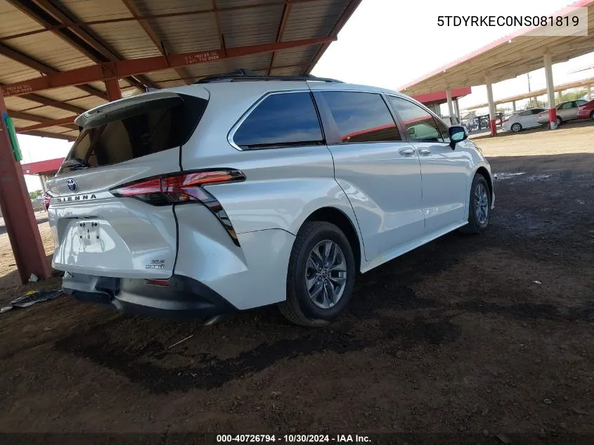 2022 Toyota Sienna Xle VIN: 5TDYRKEC0NS081819 Lot: 40726794