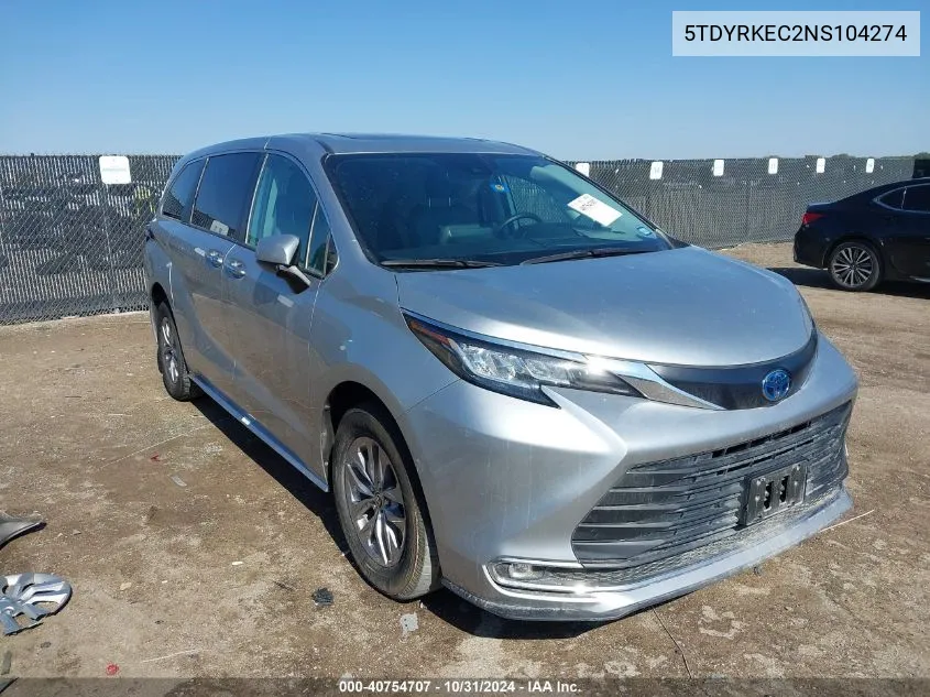 2022 Toyota Sienna Xle VIN: 5TDYRKEC2NS104274 Lot: 40754707