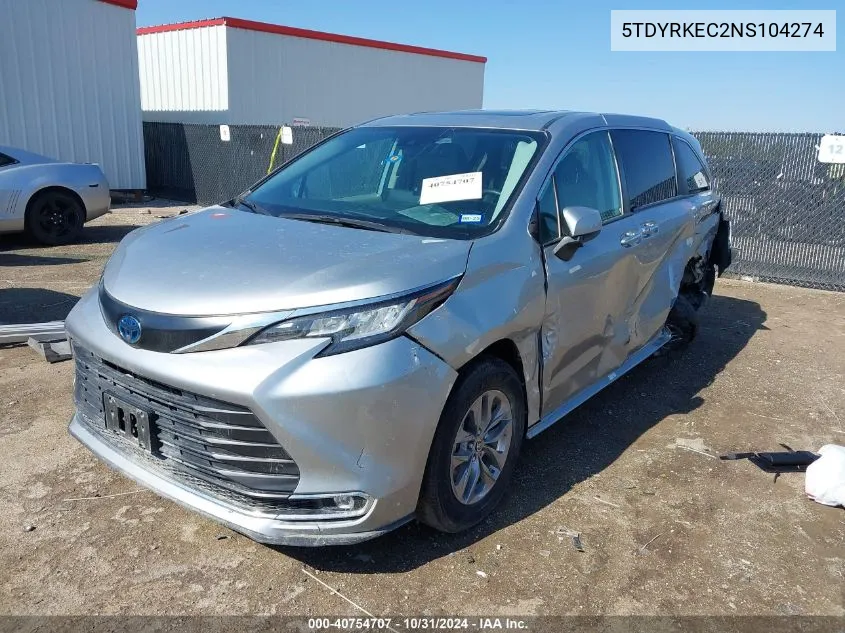 2022 Toyota Sienna Xle VIN: 5TDYRKEC2NS104274 Lot: 40754707