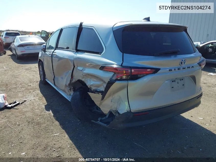 2022 Toyota Sienna Xle VIN: 5TDYRKEC2NS104274 Lot: 40754707