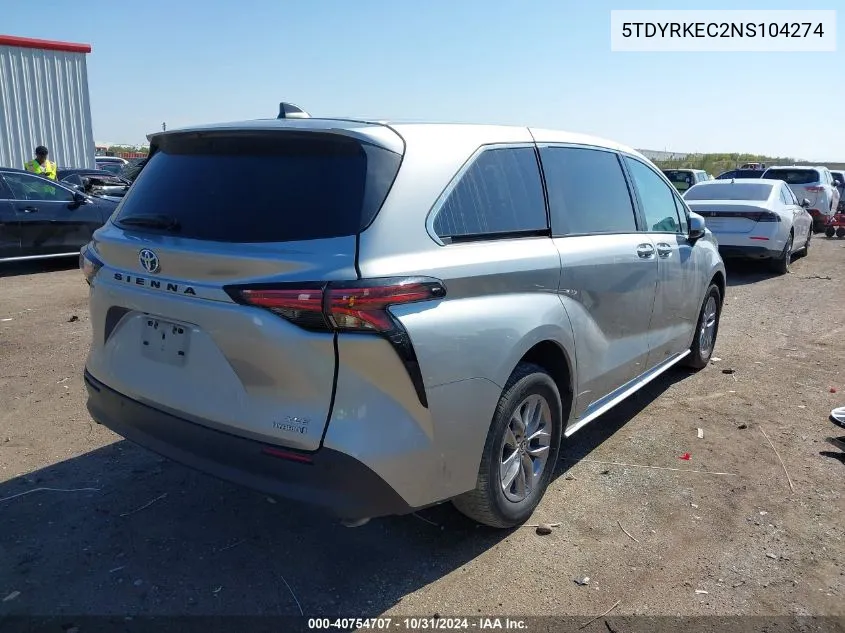 2022 Toyota Sienna Xle VIN: 5TDYRKEC2NS104274 Lot: 40754707