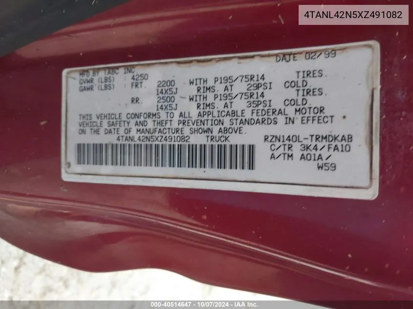 1999 Toyota Tacoma VIN: 4TANL42N5XZ491082 Lot: 40514647