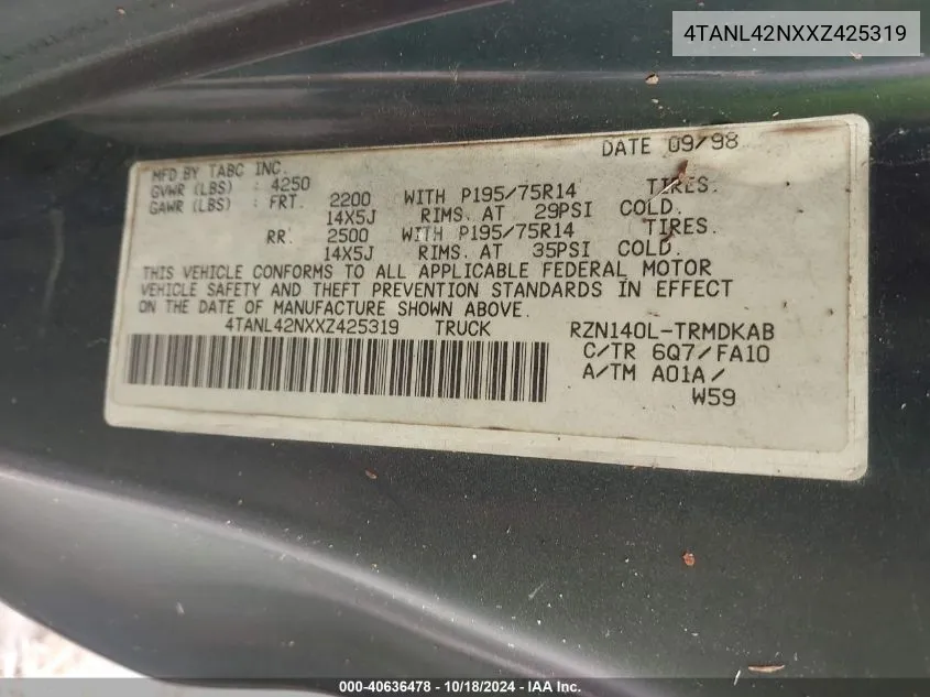 1999 Toyota Tacoma VIN: 4TANL42NXXZ425319 Lot: 40636478