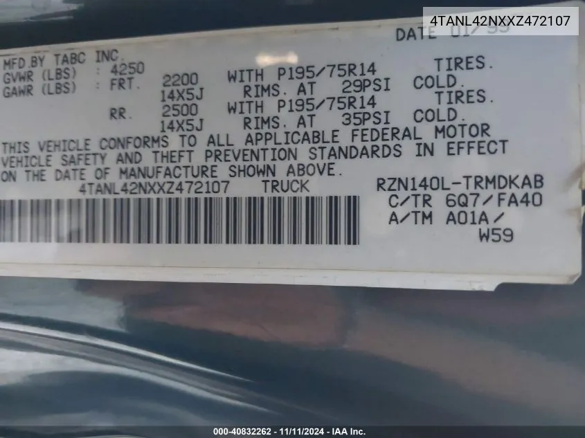 1999 Toyota Tacoma VIN: 4TANL42NXXZ472107 Lot: 40832262