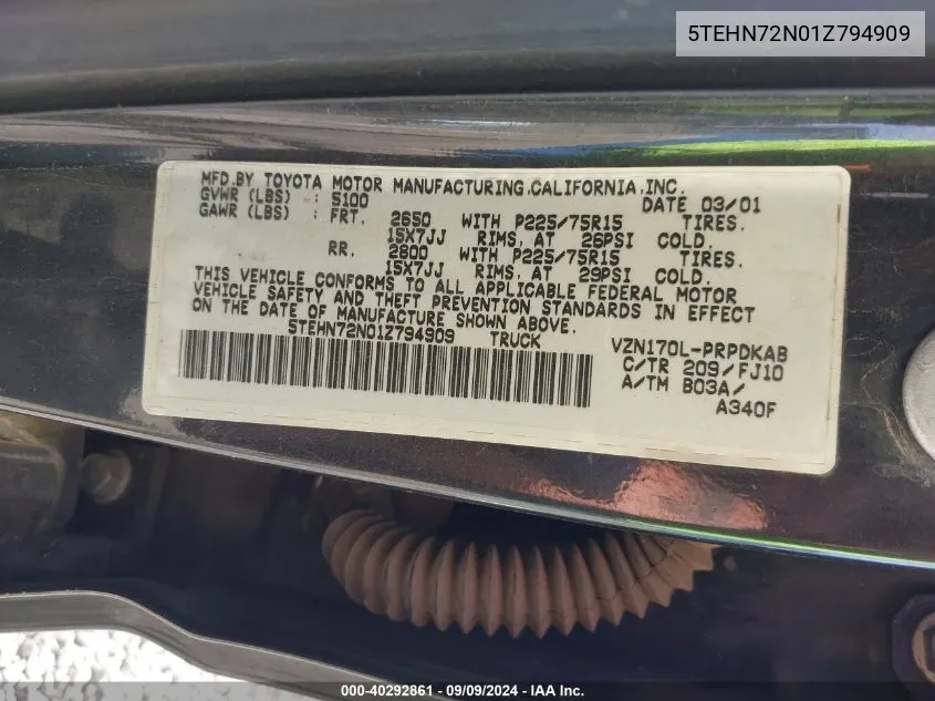 2001 Toyota Tacoma Base V6 VIN: 5TEHN72N01Z794909 Lot: 40292861