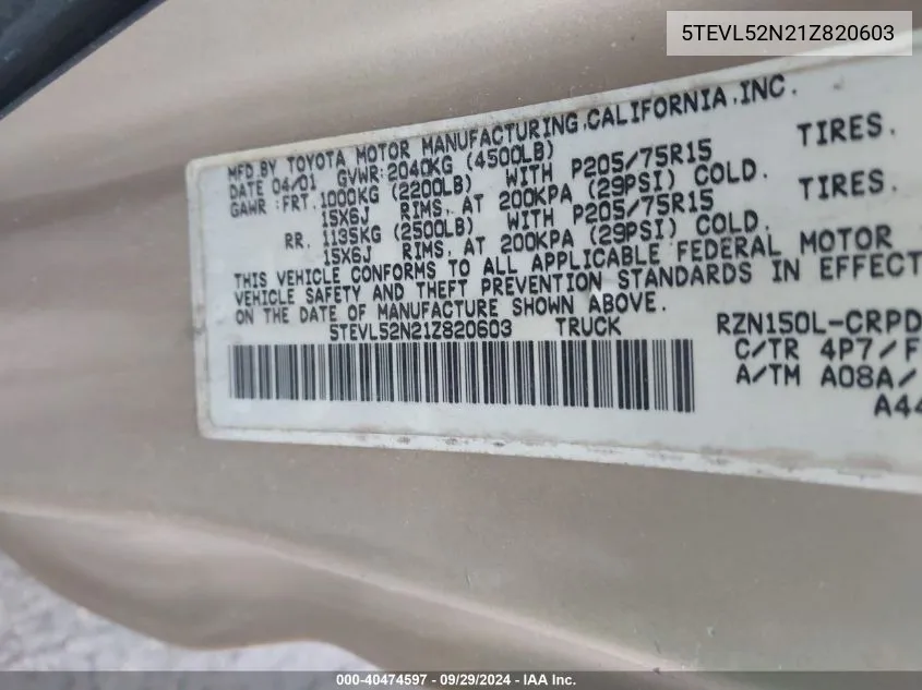 2001 Toyota Tacoma Base (A4) VIN: 5TEVL52N21Z820603 Lot: 40474597