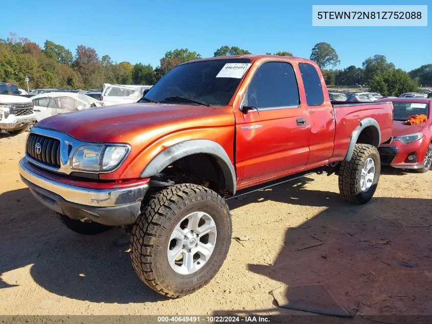 2001 Toyota Tacoma Base V6 VIN: 5TEWN72N81Z752088 Lot: 40649491