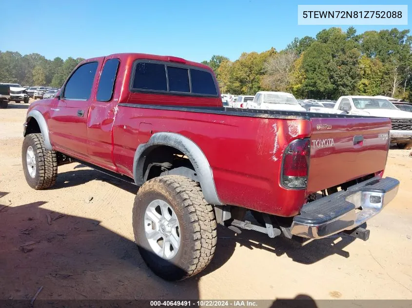 2001 Toyota Tacoma Base V6 VIN: 5TEWN72N81Z752088 Lot: 40649491