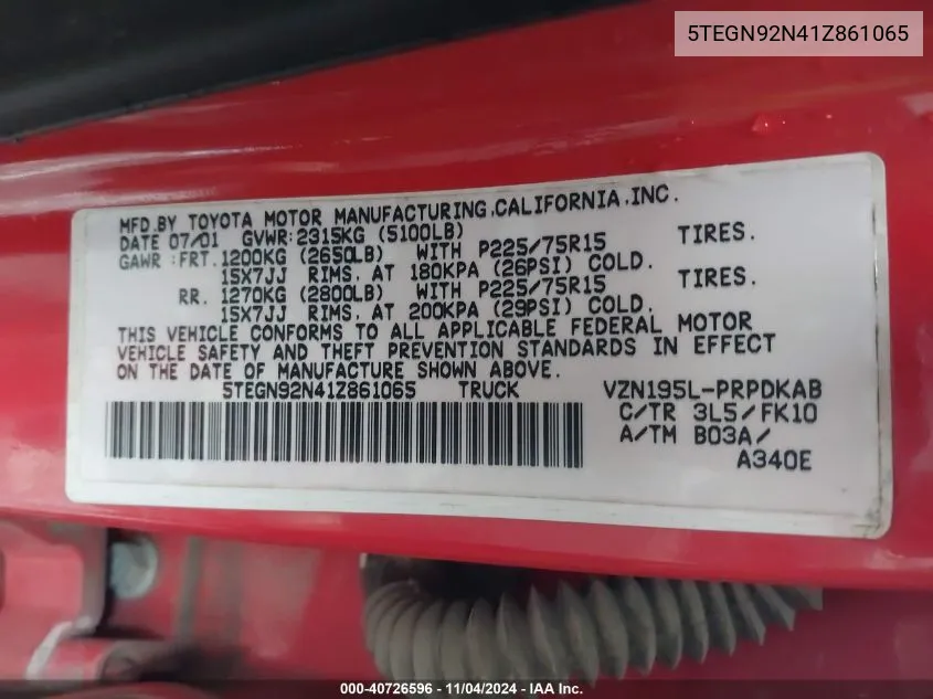 2001 Toyota Tacoma Prerunner V6 VIN: 5TEGN92N41Z861065 Lot: 40726596
