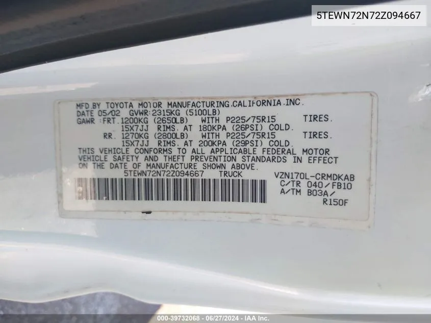 2002 Toyota Tacoma Base V6 VIN: 5TEWN72N72Z094667 Lot: 39732068