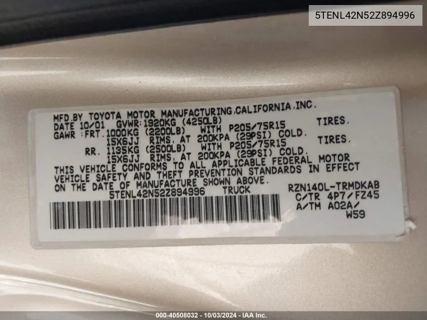2002 Toyota Tacoma VIN: 5TENL42N52Z894996 Lot: 40508032