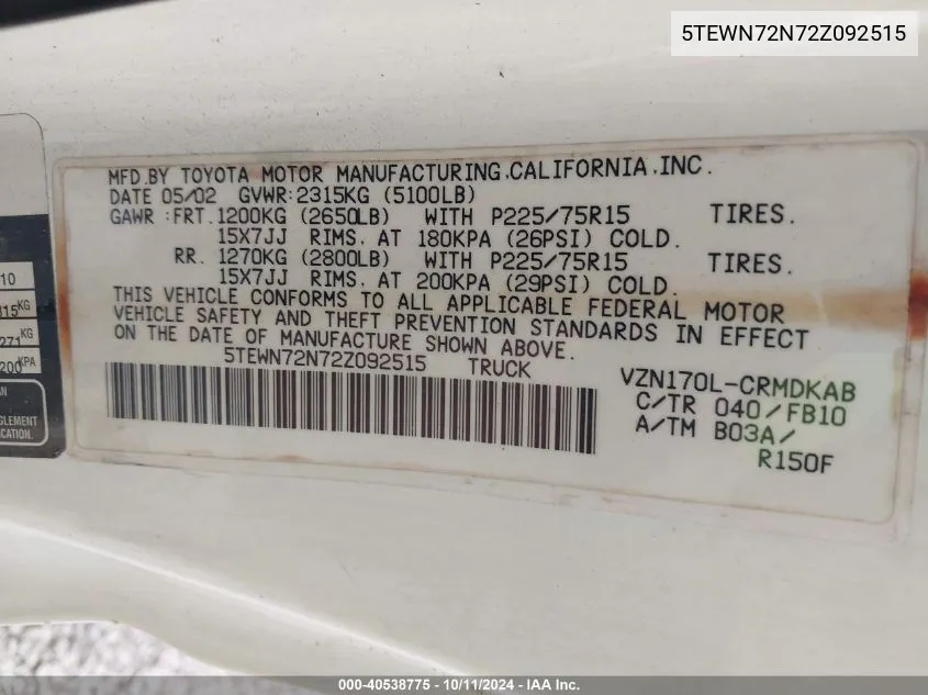 2002 Toyota Tacoma Base V6 VIN: 5TEWN72N72Z092515 Lot: 40538775