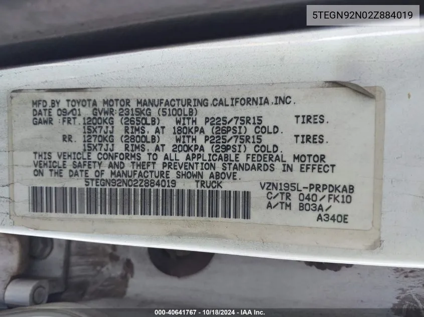 2002 Toyota Tacoma Prerunner V6 VIN: 5TEGN92N02Z884019 Lot: 40641767