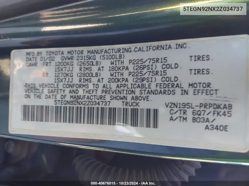 2002 Toyota Tacoma Prerunner V6 VIN: 5TEGN92NX2Z034737 Lot: 40676015