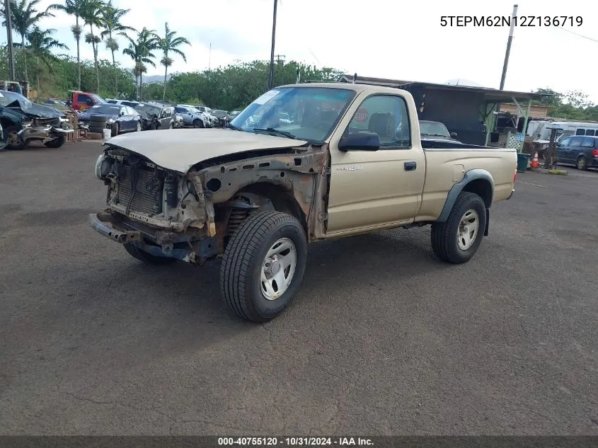 2002 Toyota Tacoma VIN: 5TEPM62N12Z136719 Lot: 40755120