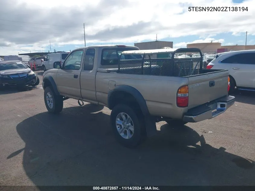 2002 Toyota Tacoma Prerunner V6 VIN: 5TESN92N02Z138194 Lot: 40872857