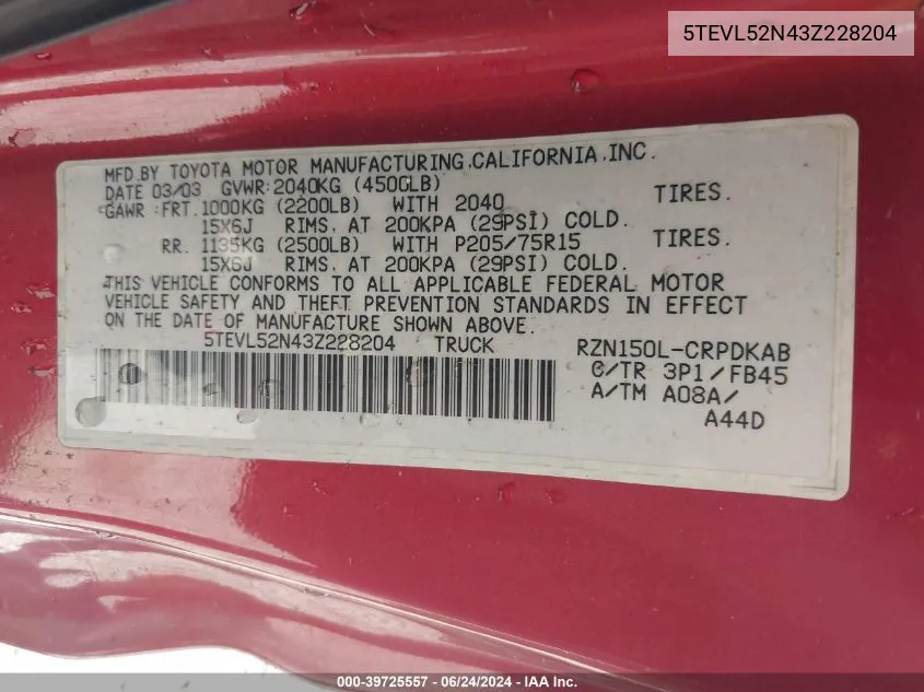 2003 Toyota Tacoma VIN: 5TEVL52N43Z228204 Lot: 39725557