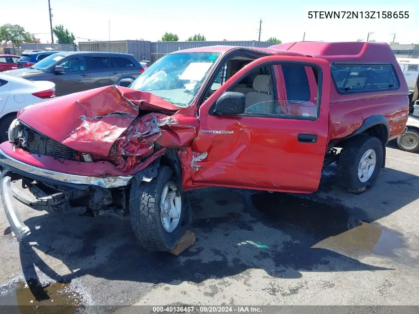 2003 Toyota Tacoma Base V6 VIN: 5TEWN72N13Z158655 Lot: 40136457