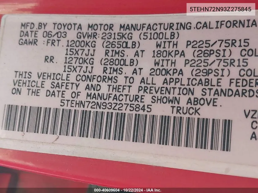 2003 Toyota Tacoma Base V6 VIN: 5TEHN72N93Z275845 Lot: 40609604