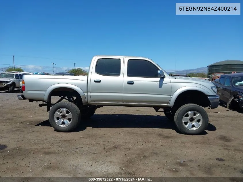 2004 Toyota Tacoma Prerunner V6 VIN: 5TEGN92N84Z400214 Lot: 39872522