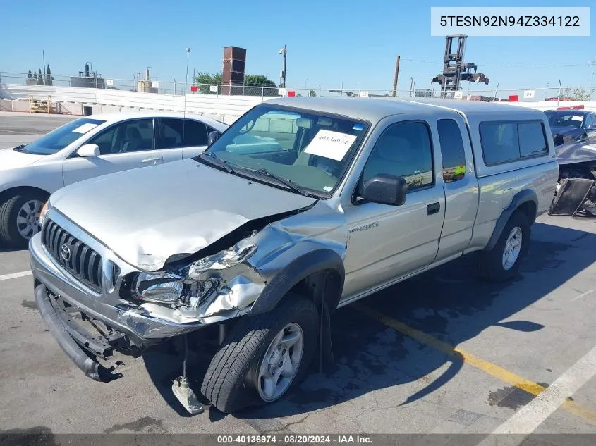 2004 Toyota Tacoma Xtracab Prerunner VIN: 5TESN92N94Z334122 Lot: 40136974