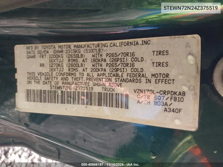 2004 Toyota Tacoma Base V6 VIN: 5TEWN72N24Z375519 Lot: 40866187