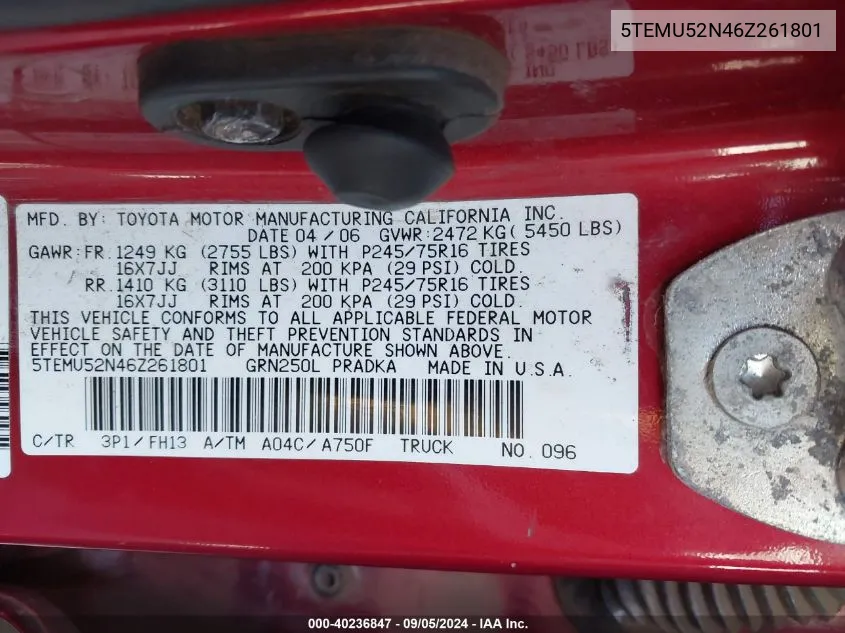 5TEMU52N46Z261801 2006 Toyota Tacoma Base V6