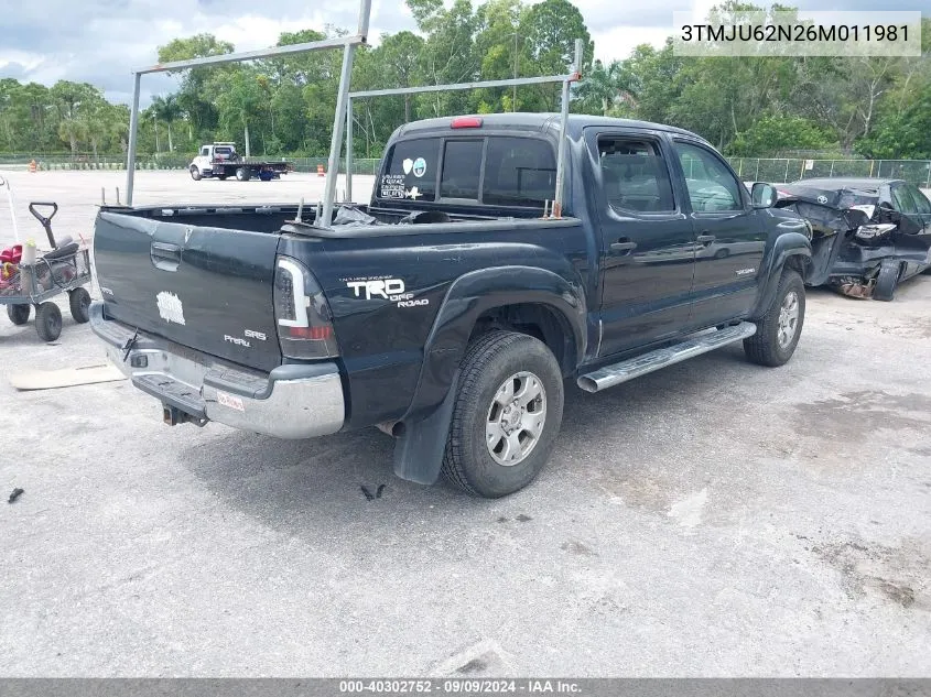 2006 Toyota Tacoma Prerunner V6 VIN: 3TMJU62N26M011981 Lot: 40302752