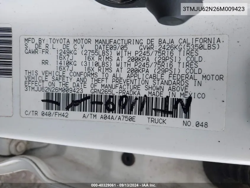 2006 Toyota Tacoma Prerunner V6 VIN: 3TMJU62N26M009423 Lot: 40329061