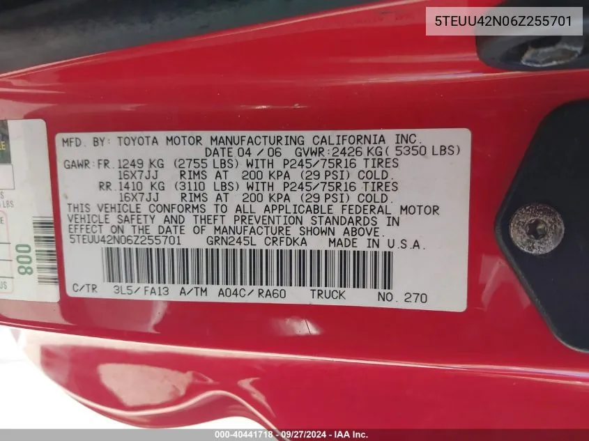 2006 Toyota Tacoma Base V6 VIN: 5TEUU42N06Z255701 Lot: 40441718