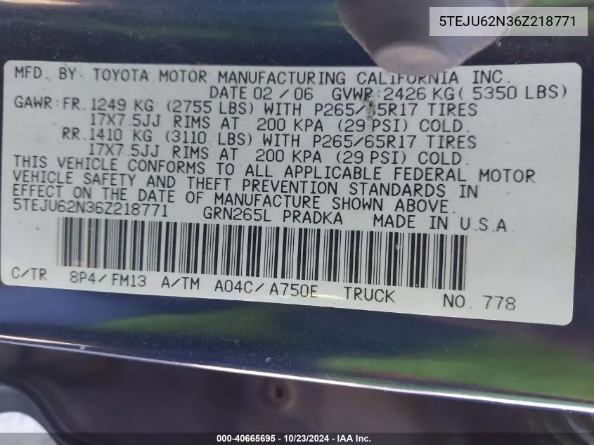 2006 Toyota Tacoma Double Cab Prerunner VIN: 5TEJU62N36Z218771 Lot: 40665695