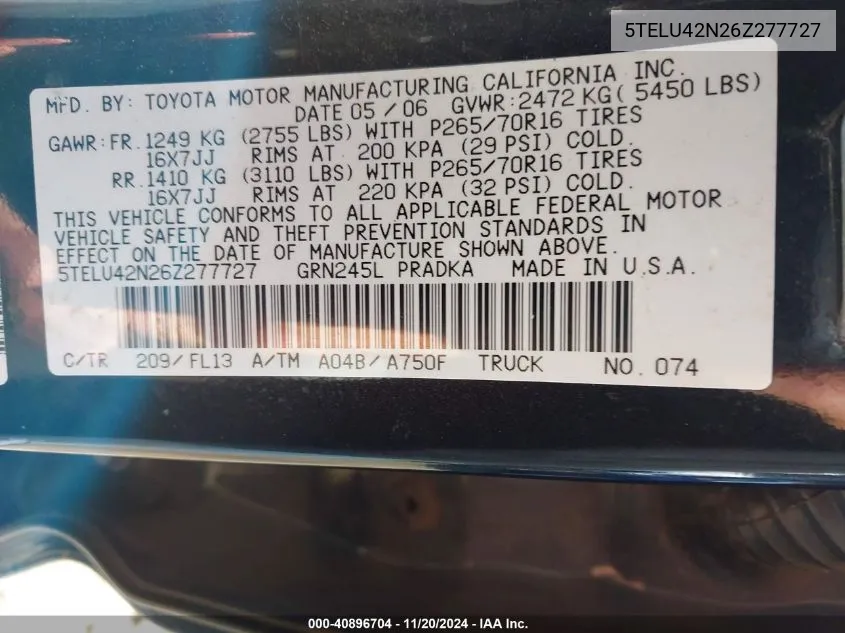 2006 Toyota Tacoma Double Cab VIN: 5TELU42N26Z277727 Lot: 40896704