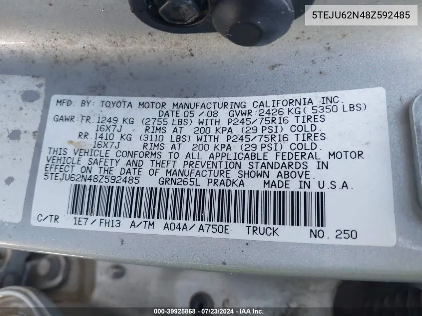 5TEJU62N48Z592485 2008 Toyota Tacoma Prerunner V6