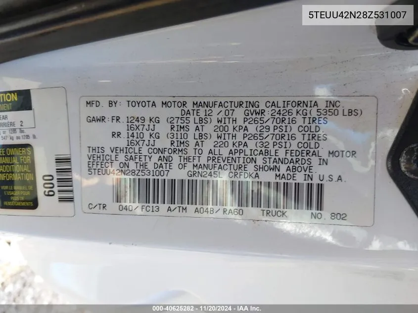 2008 Toyota Tacoma Base V6 VIN: 5TEUU42N28Z531007 Lot: 40625282