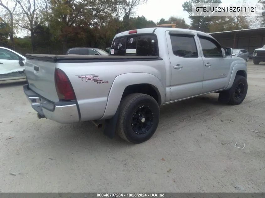 2008 Toyota Tacoma Double Cab Prerunner VIN: 5TEJU62N18Z511121 Lot: 40707284