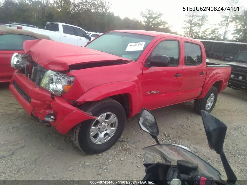 2008 Toyota Tacoma Double Cab Prerunner VIN: 5TEJU62N08Z474191 Lot: 40743440