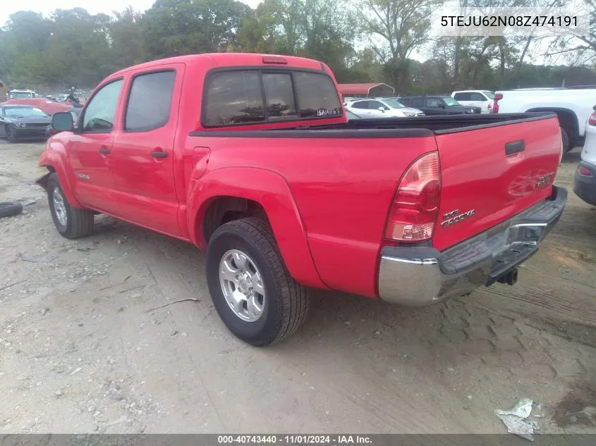 2008 Toyota Tacoma Double Cab Prerunner VIN: 5TEJU62N08Z474191 Lot: 40743440