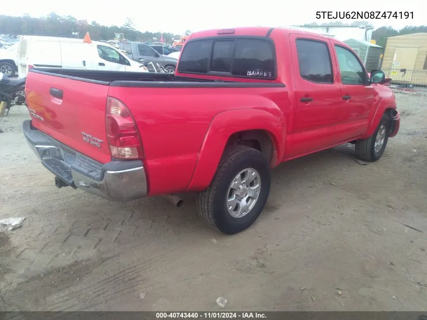 2008 Toyota Tacoma Double Cab Prerunner VIN: 5TEJU62N08Z474191 Lot: 40743440