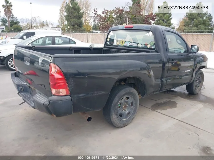 2008 Toyota Tacoma VIN: 5TENX22N88Z494738 Lot: 40910571