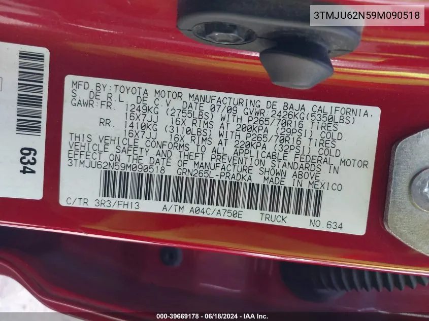 3TMJU62N59M090518 2009 Toyota Tacoma Prerunner V6