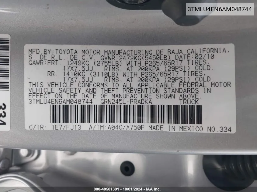 2010 Toyota Tacoma Base V6 VIN: 3TMLU4EN6AM048744 Lot: 40501391