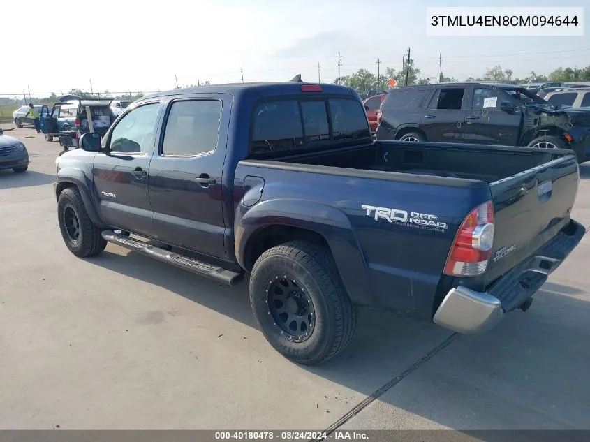 2012 Toyota Tacoma Base V6 VIN: 3TMLU4EN8CM094644 Lot: 40180478