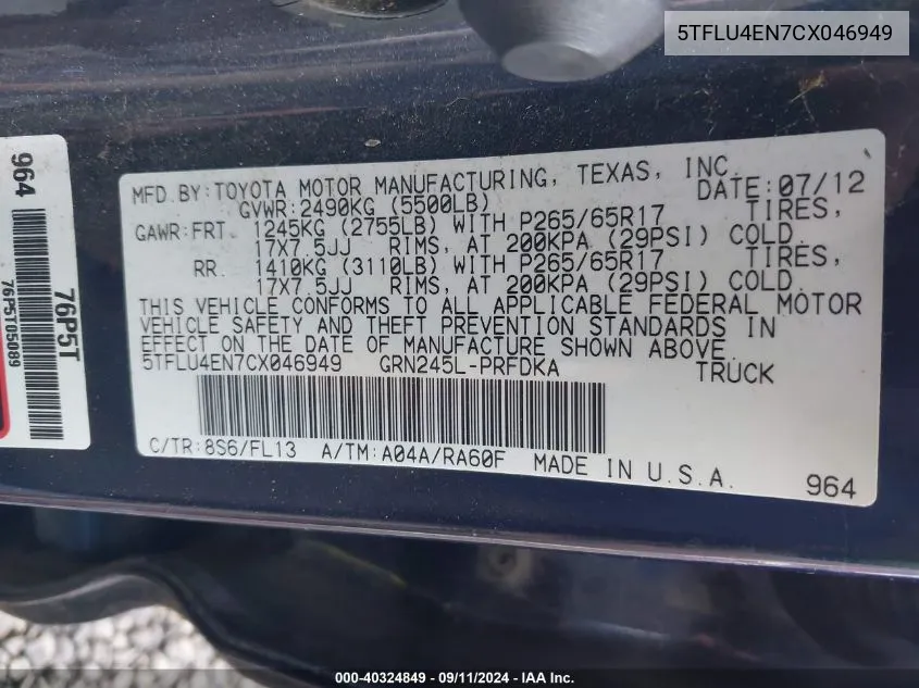 5TFLU4EN7CX046949 2012 Toyota Tacoma Double Cab