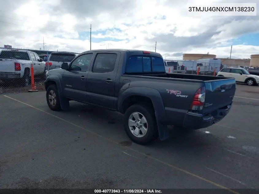 2012 Toyota Tacoma Prerunner V6 VIN: 3TMJU4GNXCM138230 Lot: 40773943