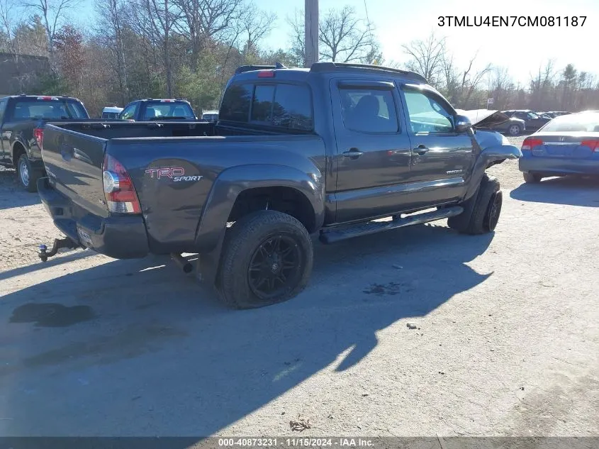 2012 Toyota Tacoma Base V6 VIN: 3TMLU4EN7CM081187 Lot: 40873231