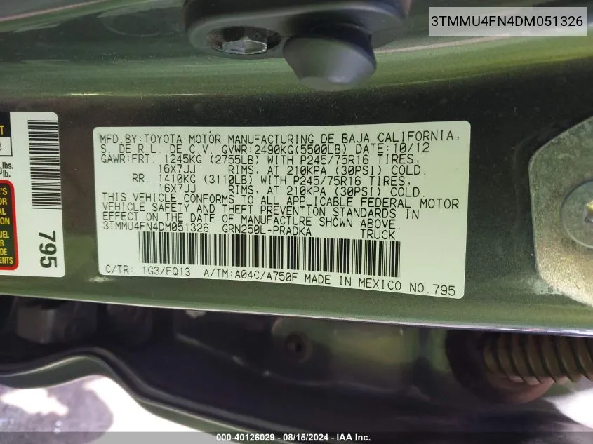 3TMMU4FN4DM051326 2013 Toyota Tacoma Base V6