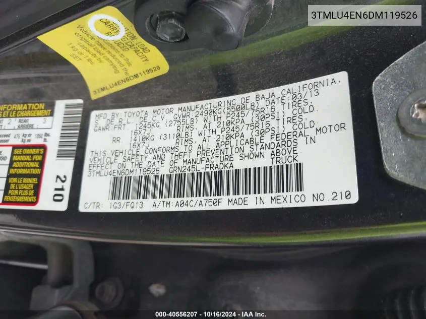 2013 Toyota Tacoma Base V6 VIN: 3TMLU4EN6DM119526 Lot: 40556207