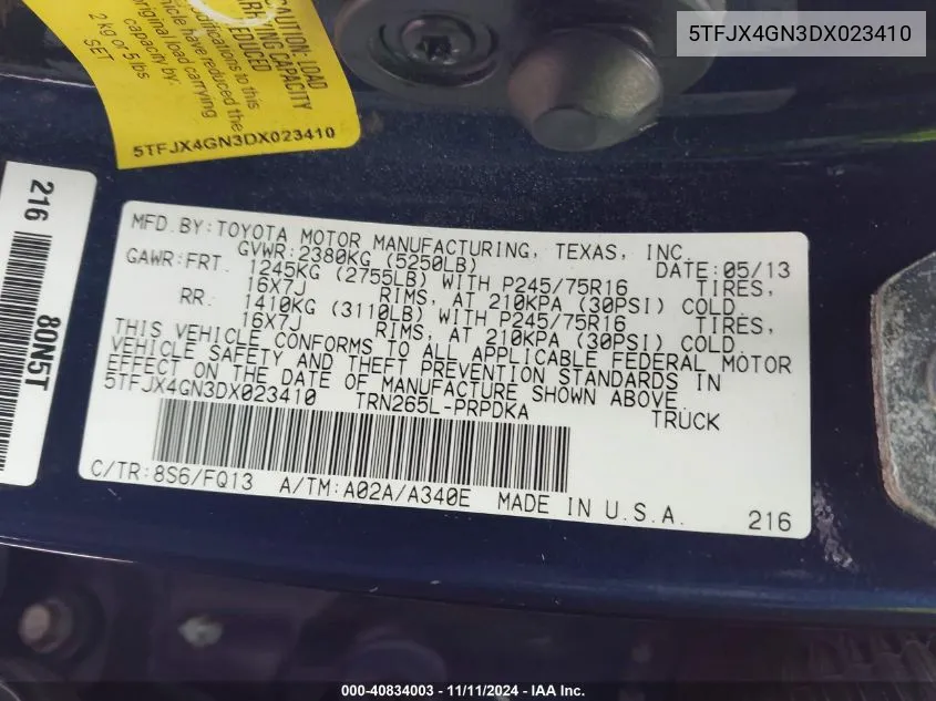 2013 Toyota Tacoma Double Cab VIN: 5TFJX4GN3DX023410 Lot: 40834003